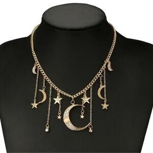 Crescent moon and stars boho necklace